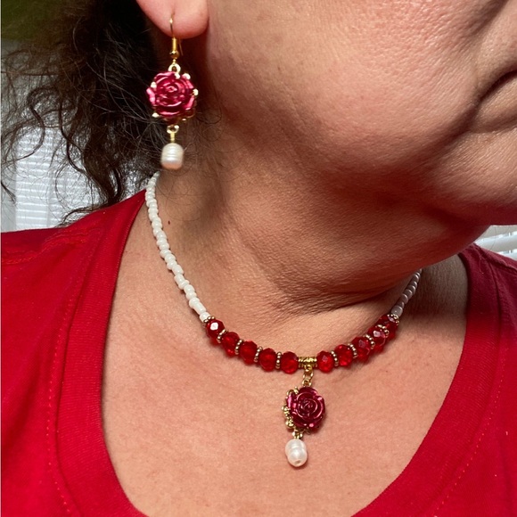 Handmade Red Rose-White Beaded Choker with Natural Freshwater Pearl Jewelry Set - Picture 9 of 11